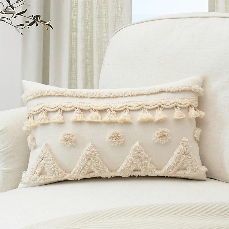 Marvella Cushion Cover – Geometric Embroidery with Tassel Trim