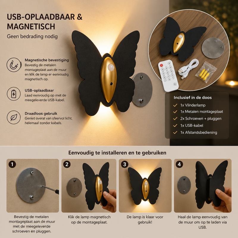 Lunavira Butterfly Wall Lamp – Wireless LED with Motion Sensor