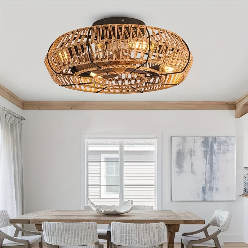 Solvaya Ceiling Fan – Handwoven Rattan Design with Lighting