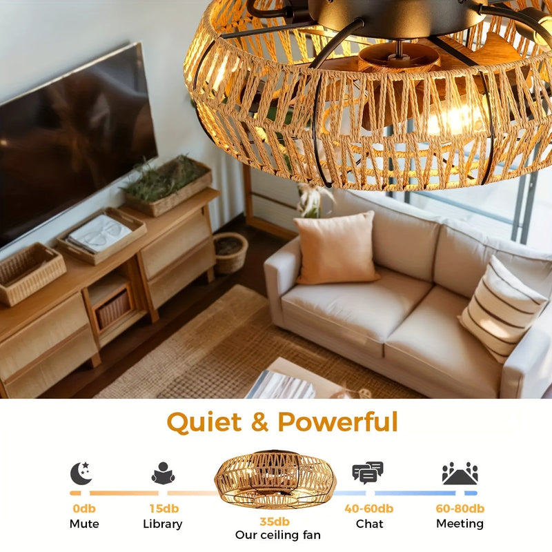 Solvaya Ceiling Fan – Handwoven Rattan Design with Lighting