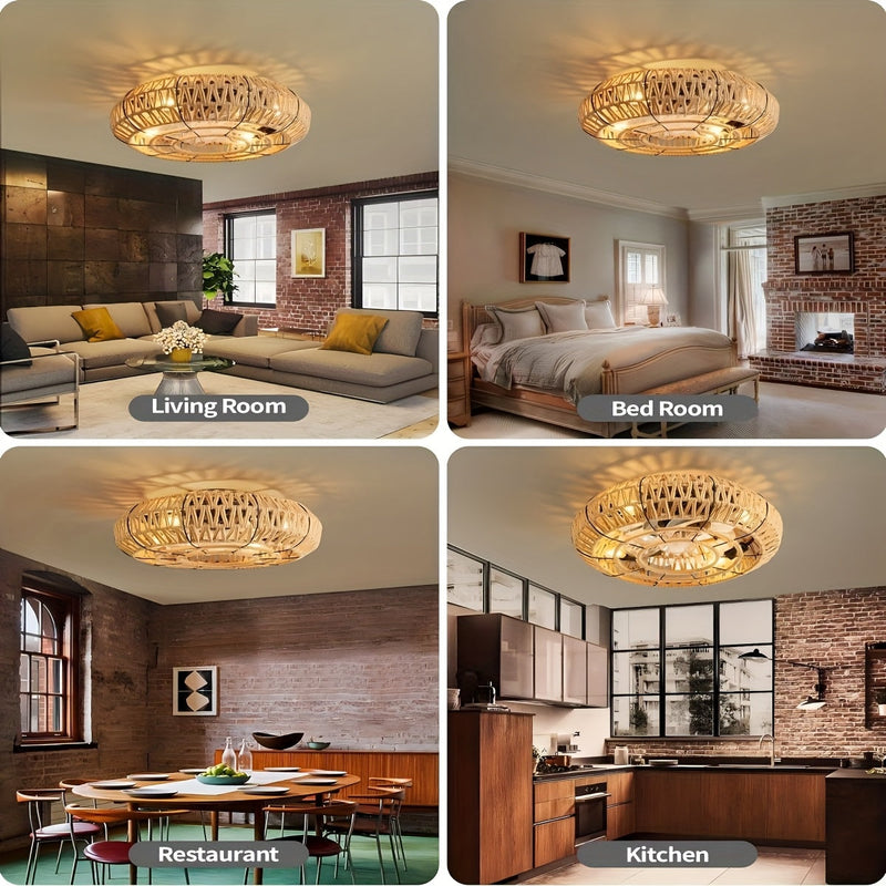 Solvaya Ceiling Fan – Handwoven Rattan Design with Lighting