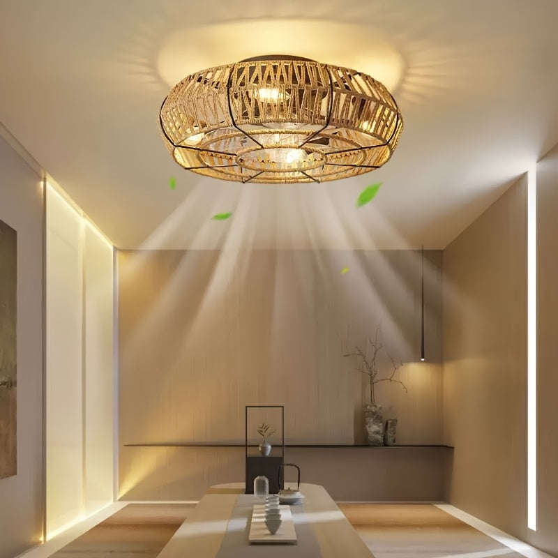 Solvaya Ceiling Fan – Handwoven Rattan Design with Lighting