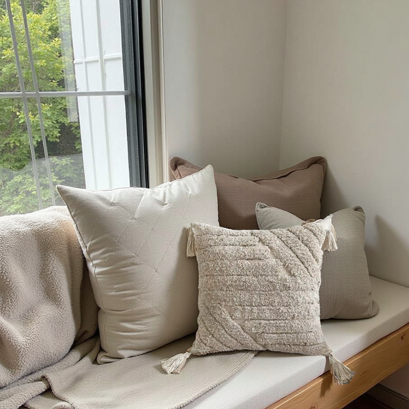 Norelia Cushion – Beige Texture with Decorative Tassels