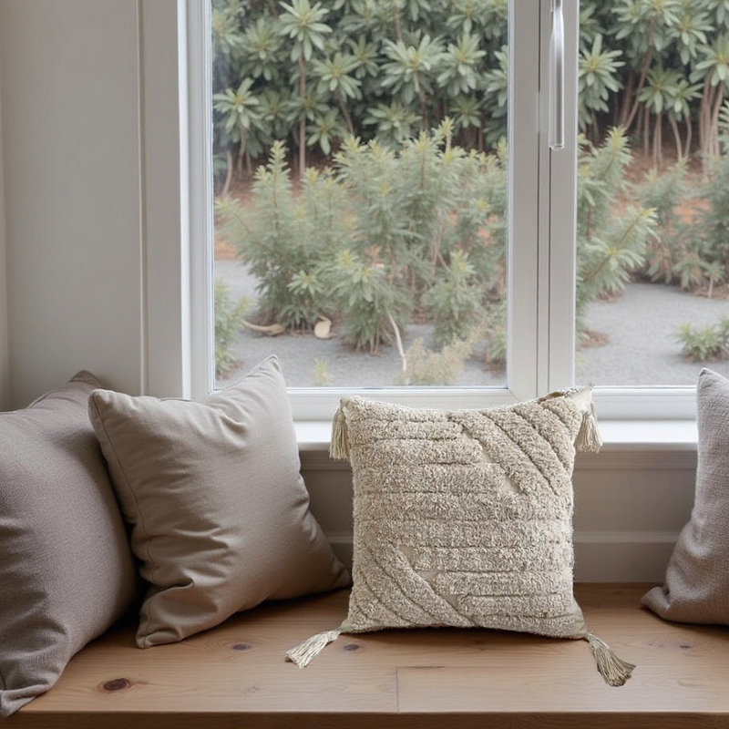 Norelia Cushion – Beige Texture with Decorative Tassels