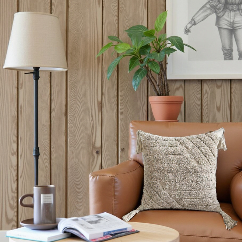 Norelia Cushion – Beige Texture with Decorative Tassels