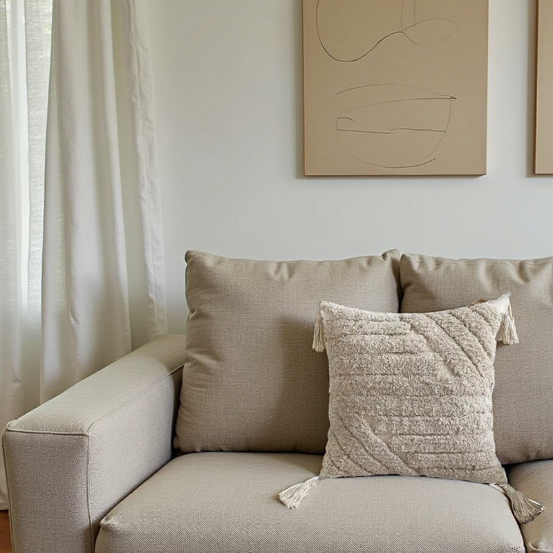 Norelia Cushion – Beige Texture with Decorative Tassels