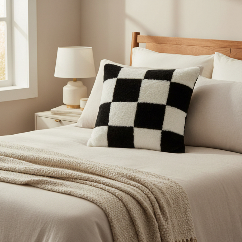 Cavrena Checkers Cushion – Black and White Pattern