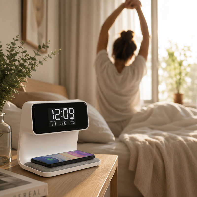 Nivaro 3-in-1 Smart Alarm Clock – Wireless Charger with LED Night Light