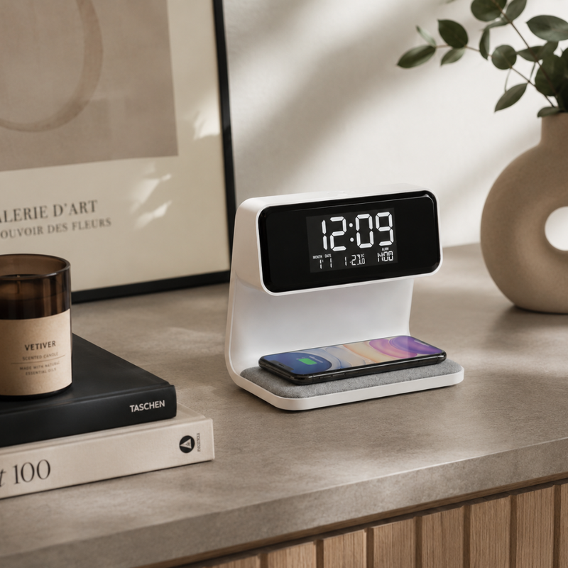 Nivaro 3-in-1 Smart Alarm Clock – Wireless Charger with LED Night Light