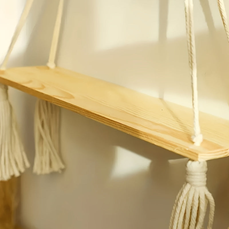 Lunessa Wall Shelf – Boho Wooden Shelf with Decorative Tassels