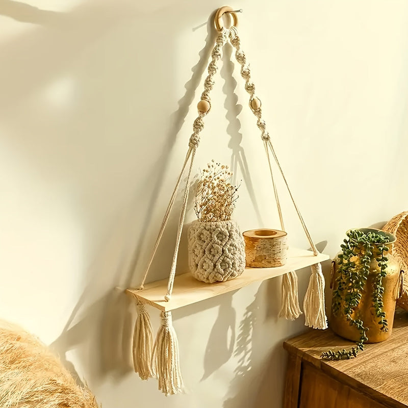 Lunessa Wall Shelf – Boho Wooden Shelf with Decorative Tassels