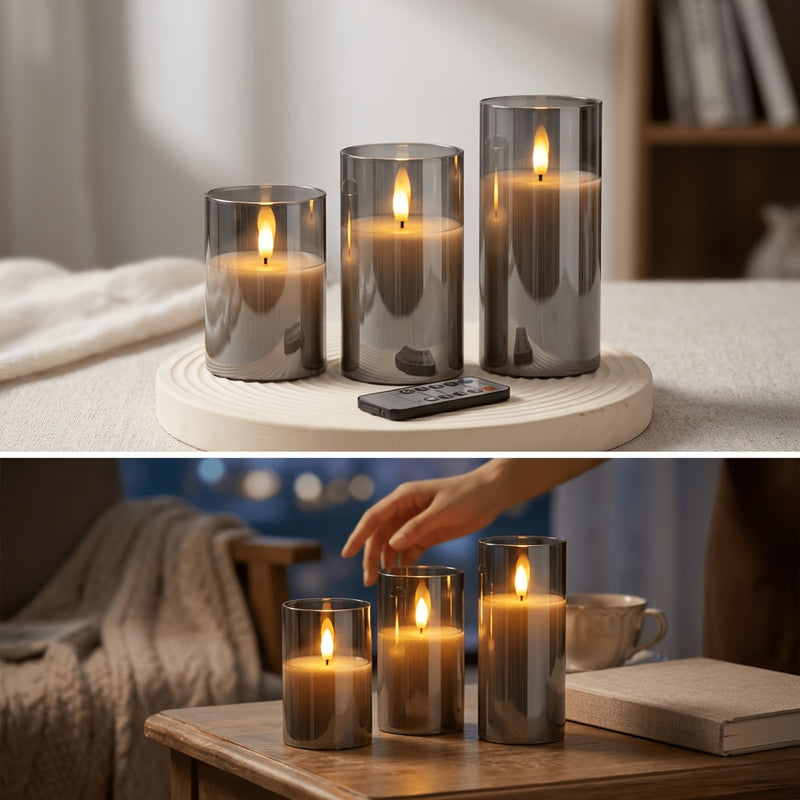 Lunavelle LED Candles – Set of 3 with Realistic Flickering Flame and Timer