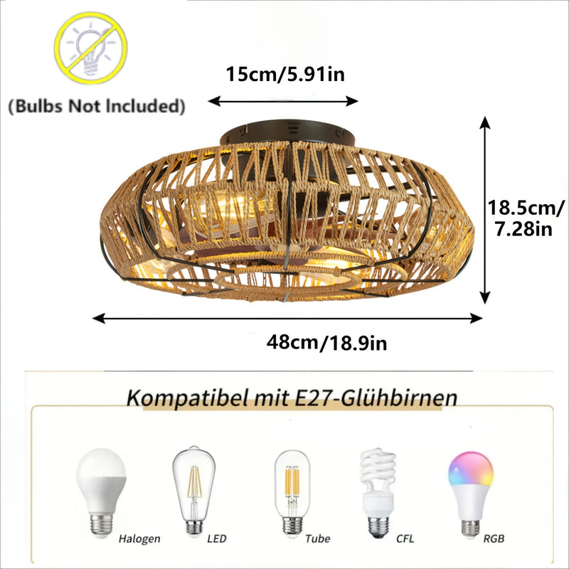 Solvaya Ceiling Fan – Handwoven Rattan Design with Lighting