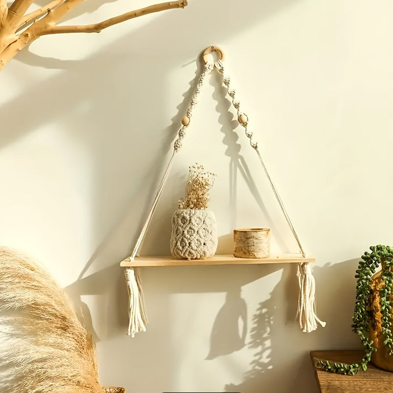 Lunessa Wall Shelf – Boho Wooden Shelf with Decorative Tassels