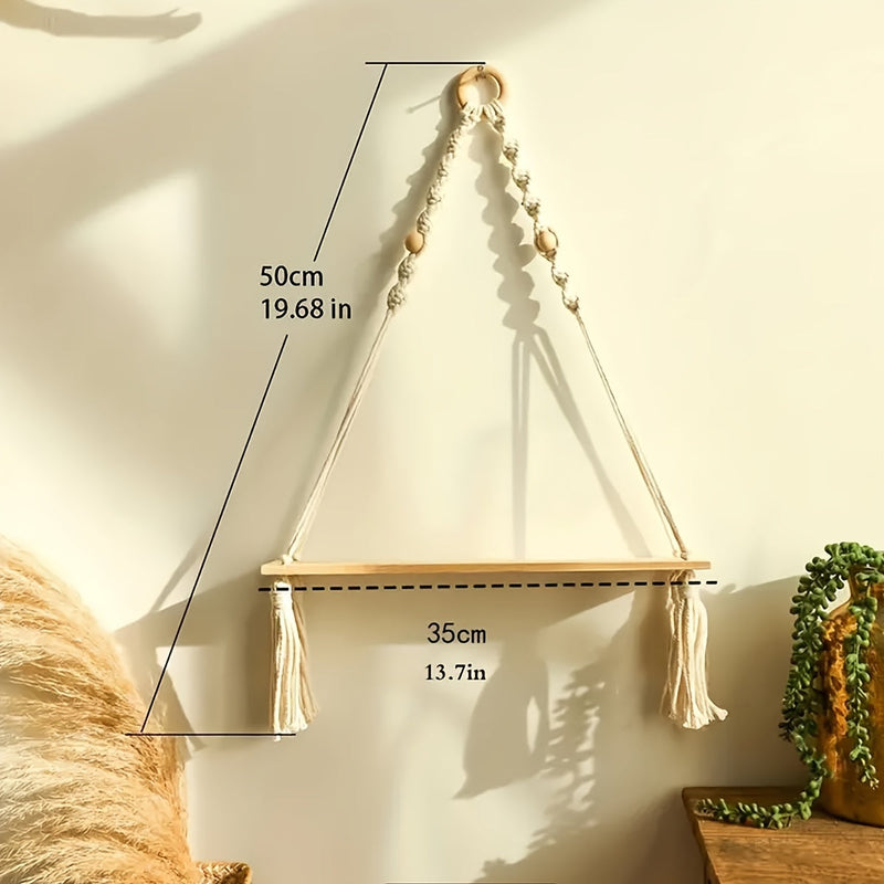 Lunessa Wall Shelf – Boho Wooden Shelf with Decorative Tassels