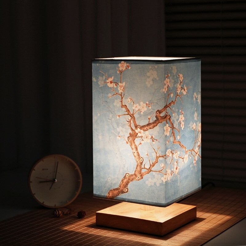 Scandinavian Table Lamp with Japanese Print and Fabric Shade for Interior
