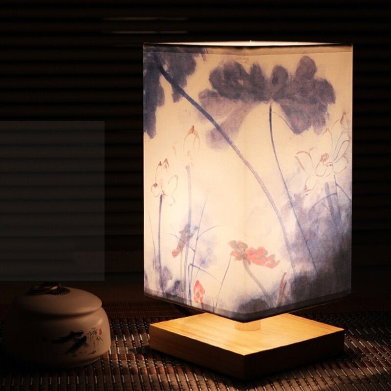 Scandinavian Table Lamp with Japanese Print and Fabric Shade for Interior