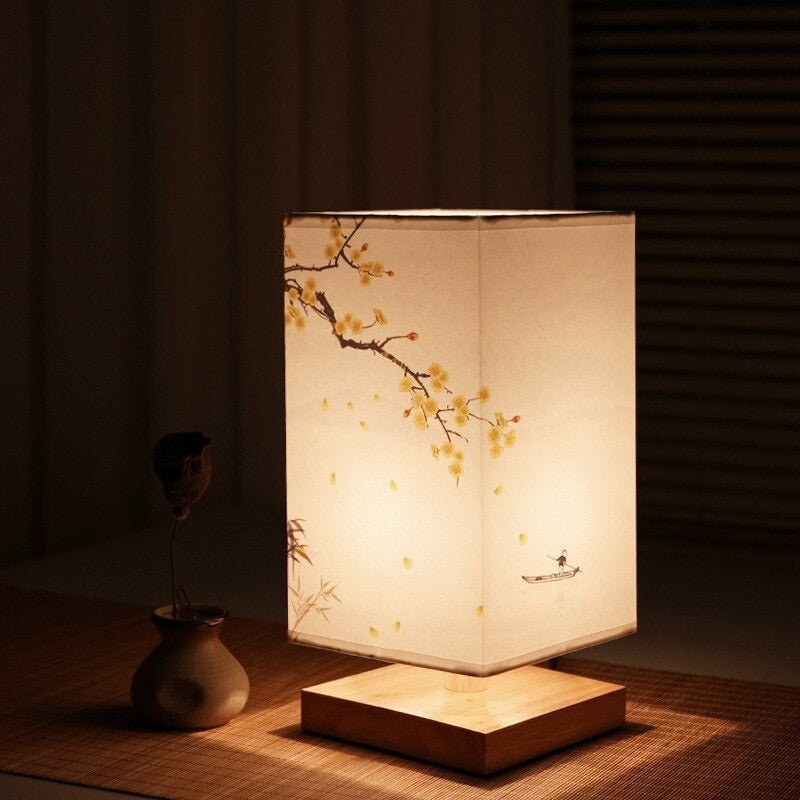 Scandinavian Table Lamp with Japanese Print and Fabric Shade for Interior
