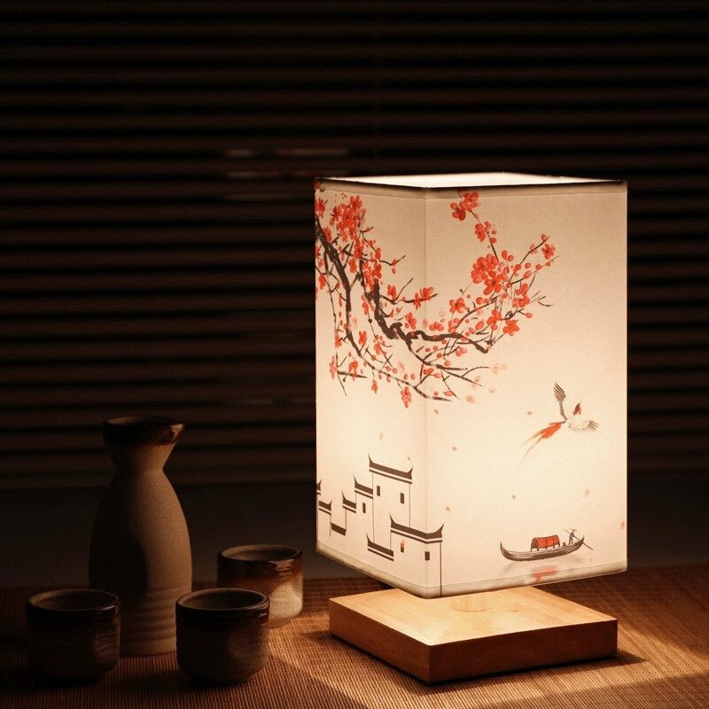 Scandinavian Table Lamp with Japanese Print and Fabric Shade for Interior