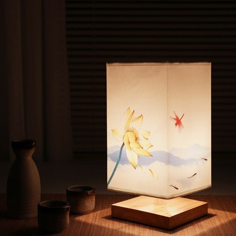 Scandinavian Table Lamp with Japanese Print and Fabric Shade for Interior