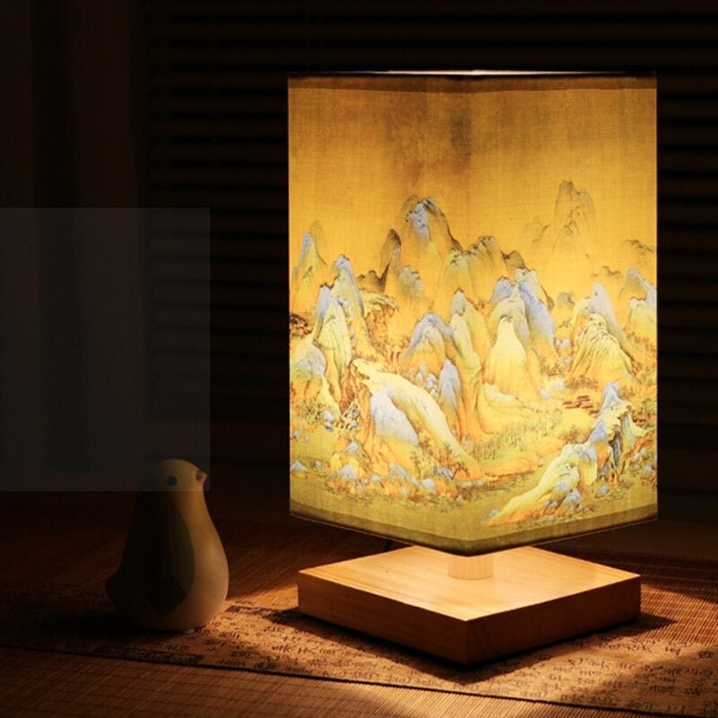Scandinavian Table Lamp with Japanese Print and Fabric Shade for Interior