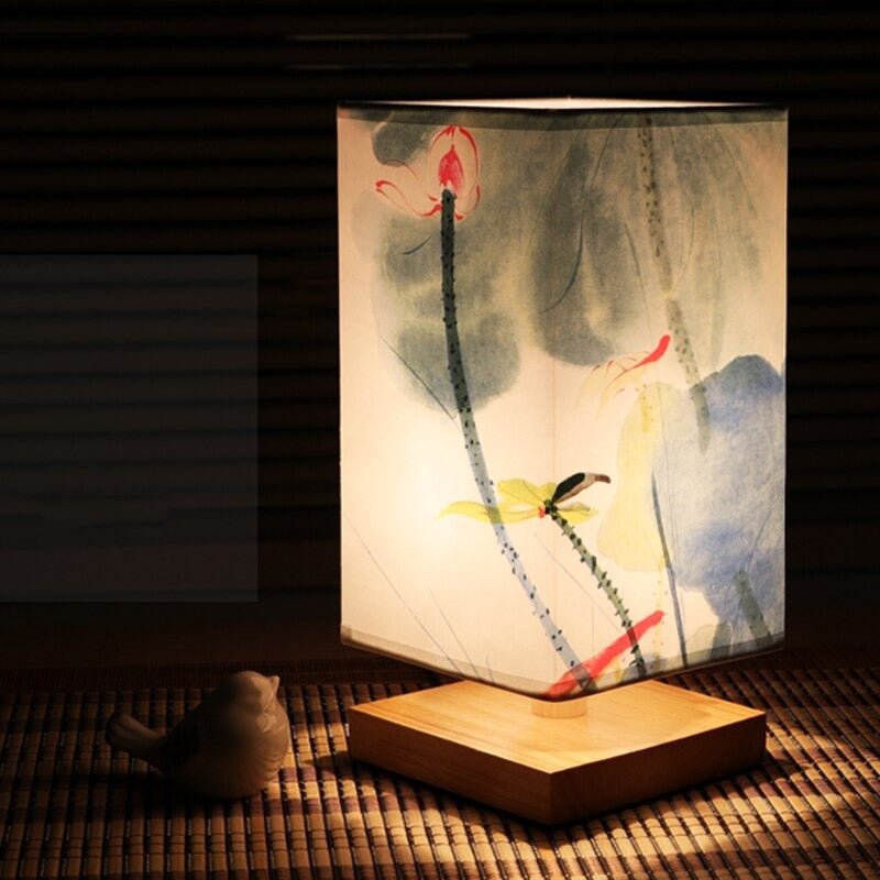 Scandinavian Table Lamp with Japanese Print and Fabric Shade for Interior