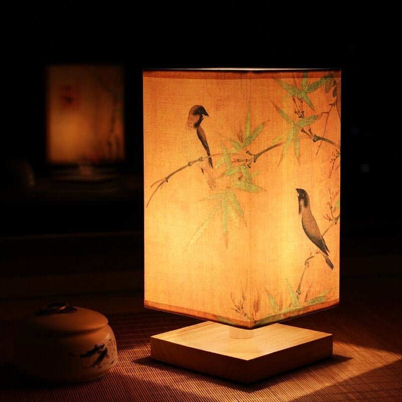 Scandinavian Table Lamp with Japanese Print and Fabric Shade for Interior